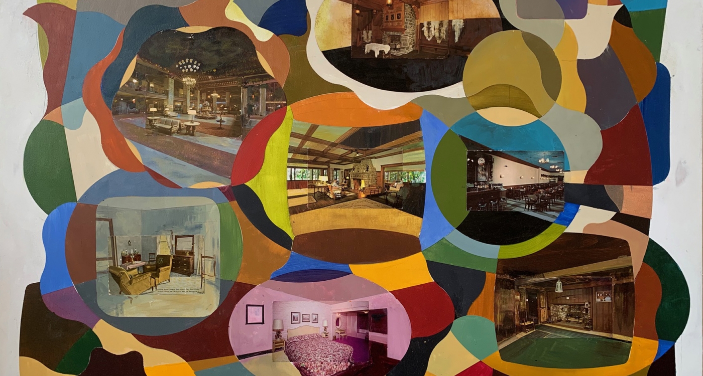 seven postcards of living rooms mounted on board with geometric shapes in oil paint