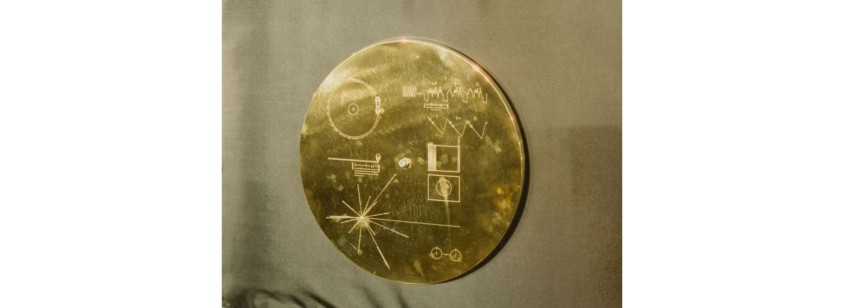 Photo from 1977 of NASA's Golden Record. A gold vinyl record hangs on a wall with geometric symbols etched on its surface.