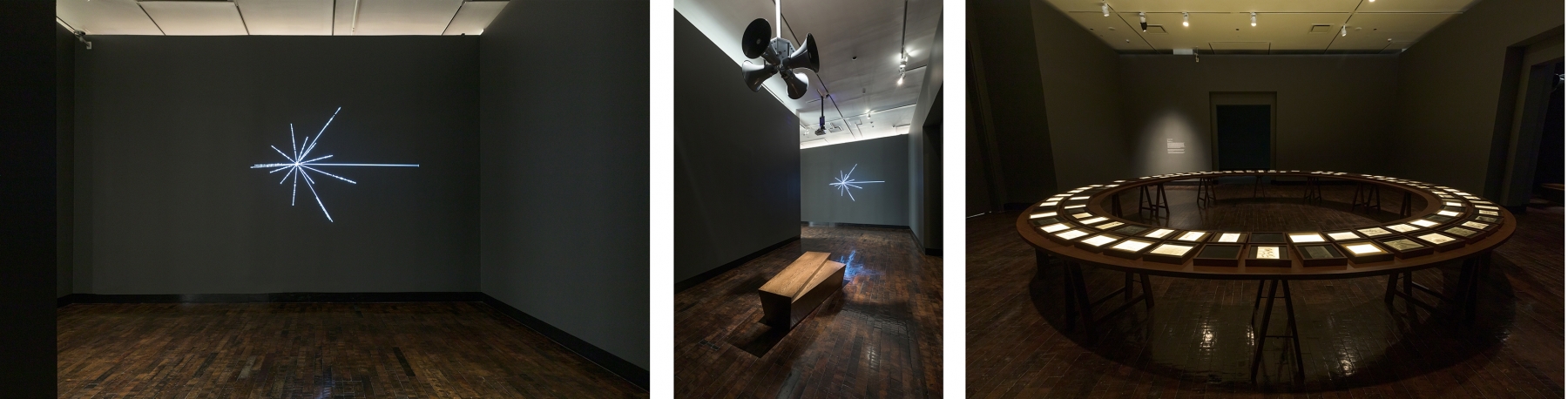 Three installation views of the artwork at the Frist Art Museum. From left to right: an image of the solar location map sculpture, vertical beams of light hanging from ceiling, an image of a bench below a four-horned speaker, and an image of a round wood table with documents placed on top.