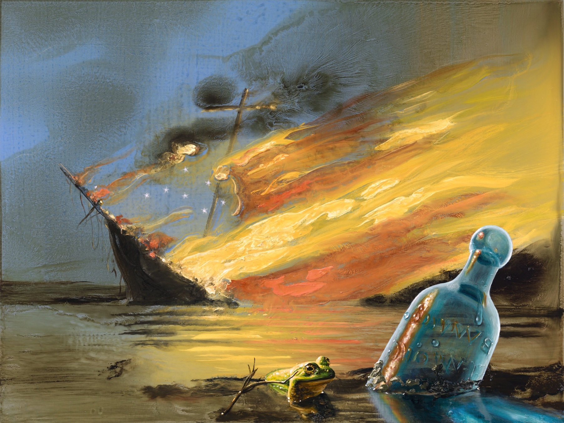 painting with a floating bottle and a frog in the foreground and a sinking ship on fire in the background