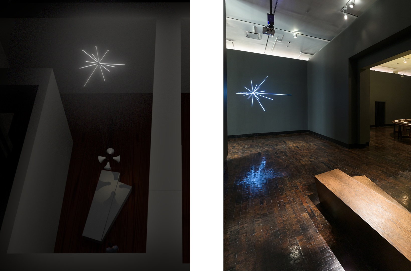 Two images. On the left is a 3D digital sketch of the bench, speaker, and light sculpture. On the right is an installation photo of the same three components.