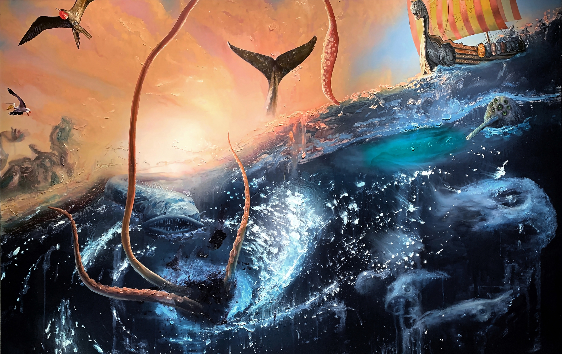 a kraken’s tentacles and a whale tail emerge from a turbulent sea and birds fly overhead as a viking ship approaches
