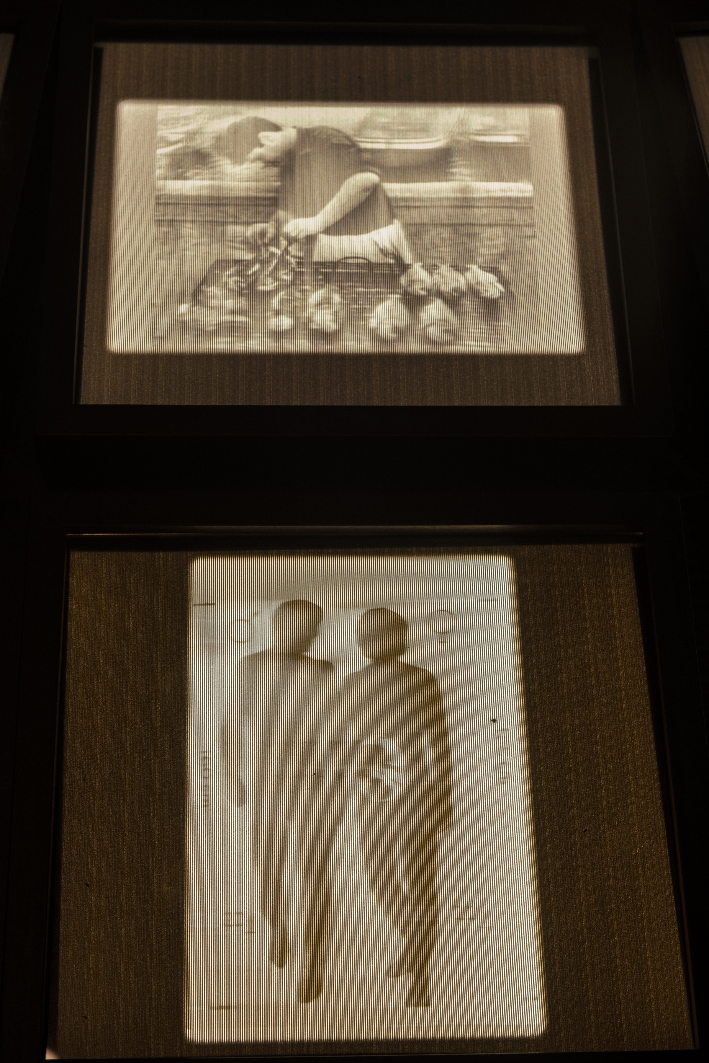 Close up photo of 3D transparencies of images from the Golden Record. On top, there is san image of a man barbecuing, and on the bottom there is a graphic with a man and woman and her reproductive organs.